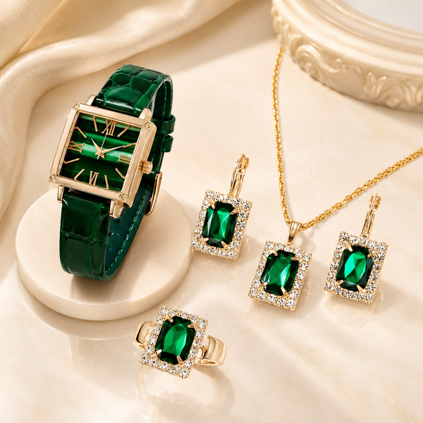5PCS Women’s Vintage Square Quartz Watch & Jewelry Set