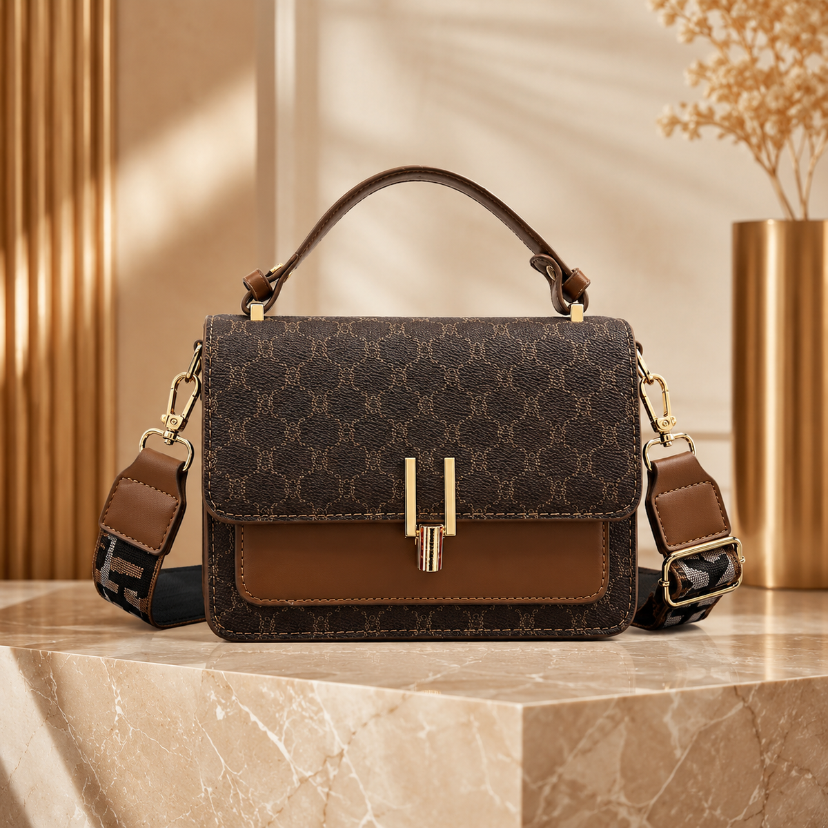 Vintage Square Crossbody Handbag with Wide Strap